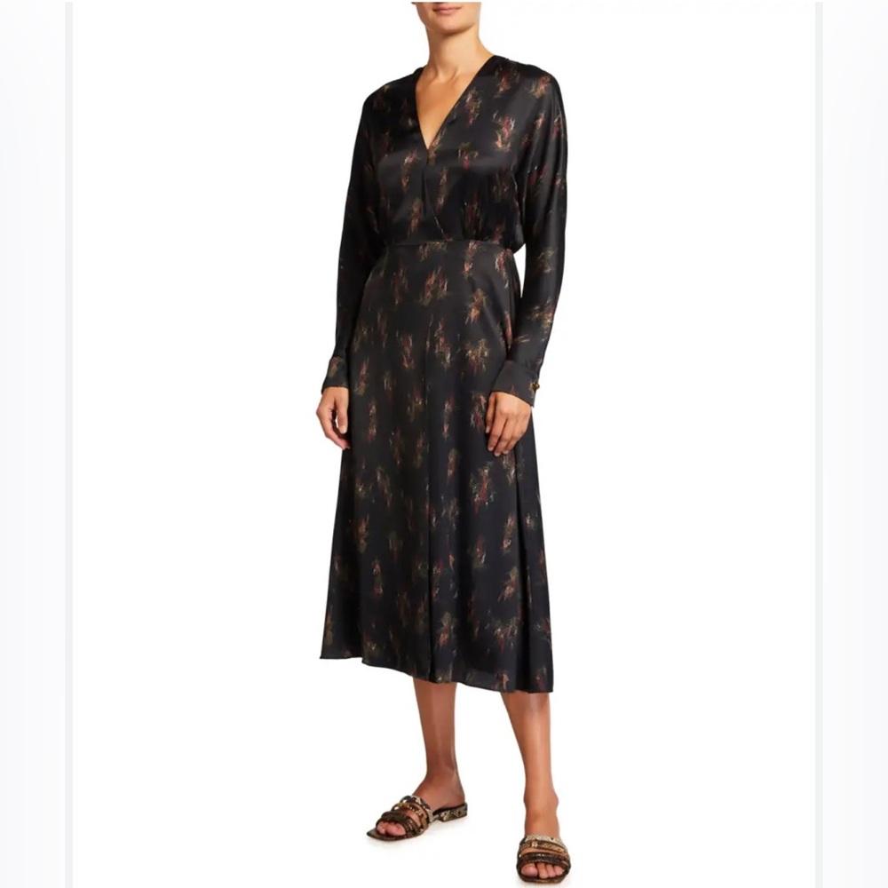 VINCE Silky Black Printed Midi Dress, Long Sleeves, Medium, Never Been Worn NWT